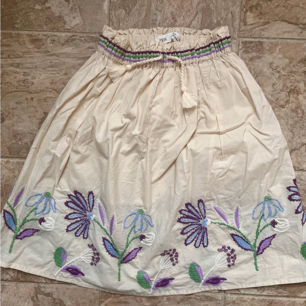 Zara Cream Skirt with Purple and Green Embroidery